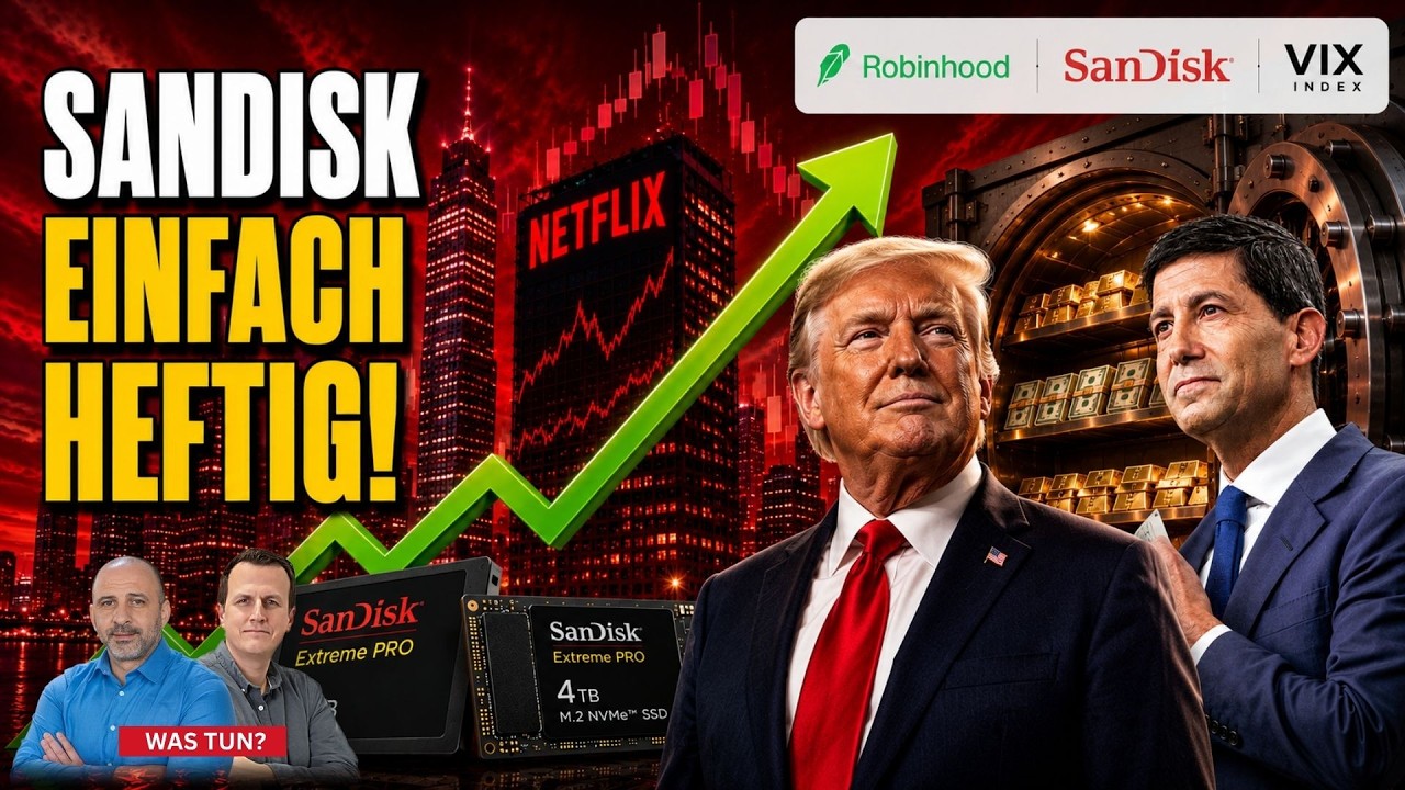 Börsenkurse auf einem Monitor mit Kursanstieg der SanDisk Aktie und Handelsüberblick vom 14. August 2026