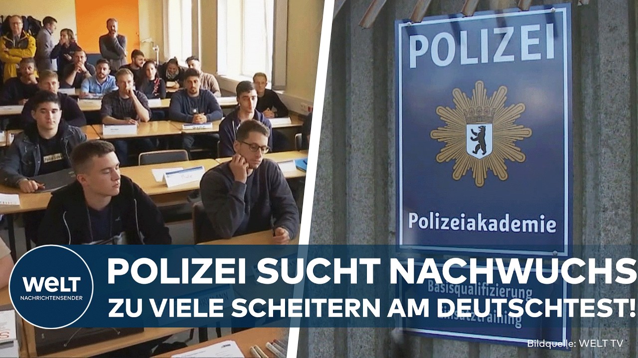 Berliner Polizei Deutschtest – Berliner Polizisten in Uniform vor dem Präsidium – Berliner Polizei sucht Nachwuchs, scheiter…
