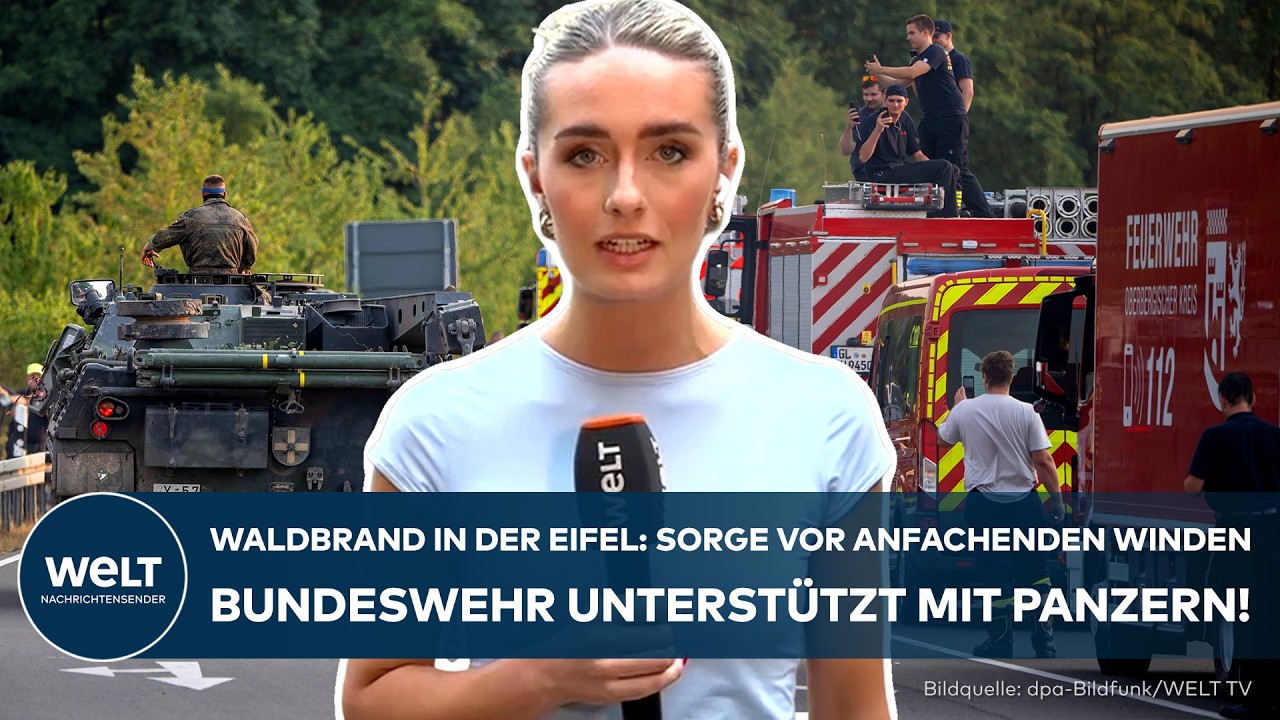 Bergepanzer der Bundeswehr schlägt Schneise im Wald beim Waldbrand Hürtgenwald in der Eifel