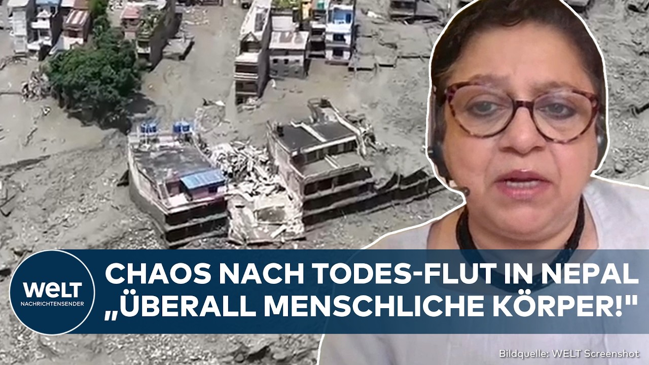 Sturzflut Nepal – Überflutete Landschaft in Nepal nach der Sturzflut mit zerstörter Infrastruktur und Schlammmassen