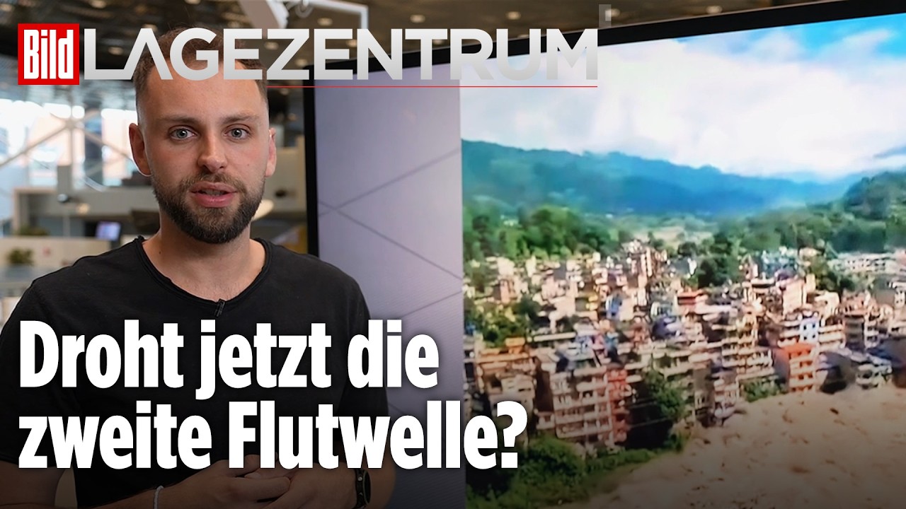Sturzflut Nepal – Zerstörte Ortschaft in Nepal nach der Sturzflut – weggespülte Häuser und Geröll entlang des Trishuli-Fluss…
