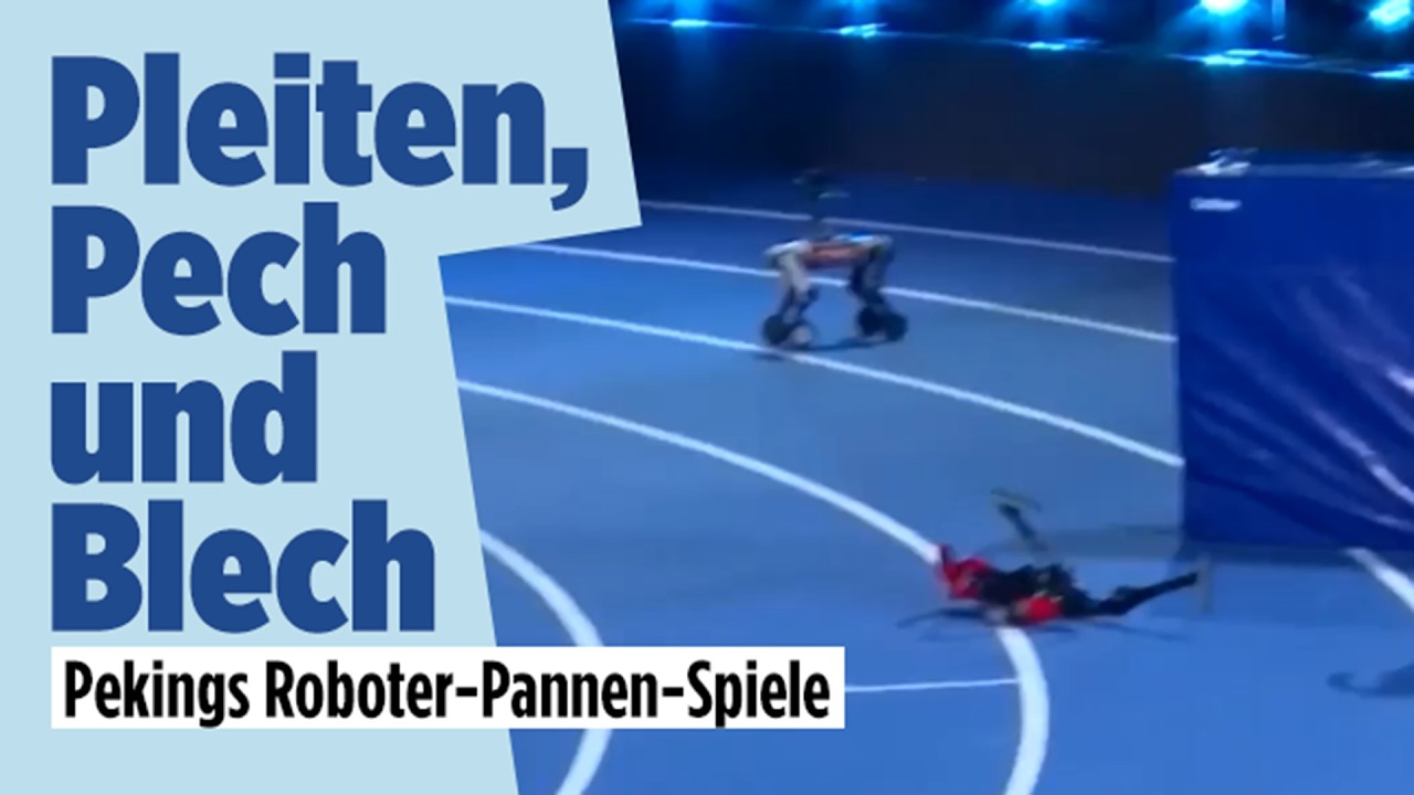 Humanoider Roboter beim Sprint bei der Roboter-Olympia in Peking stürzt kurz vor der Ziellinie