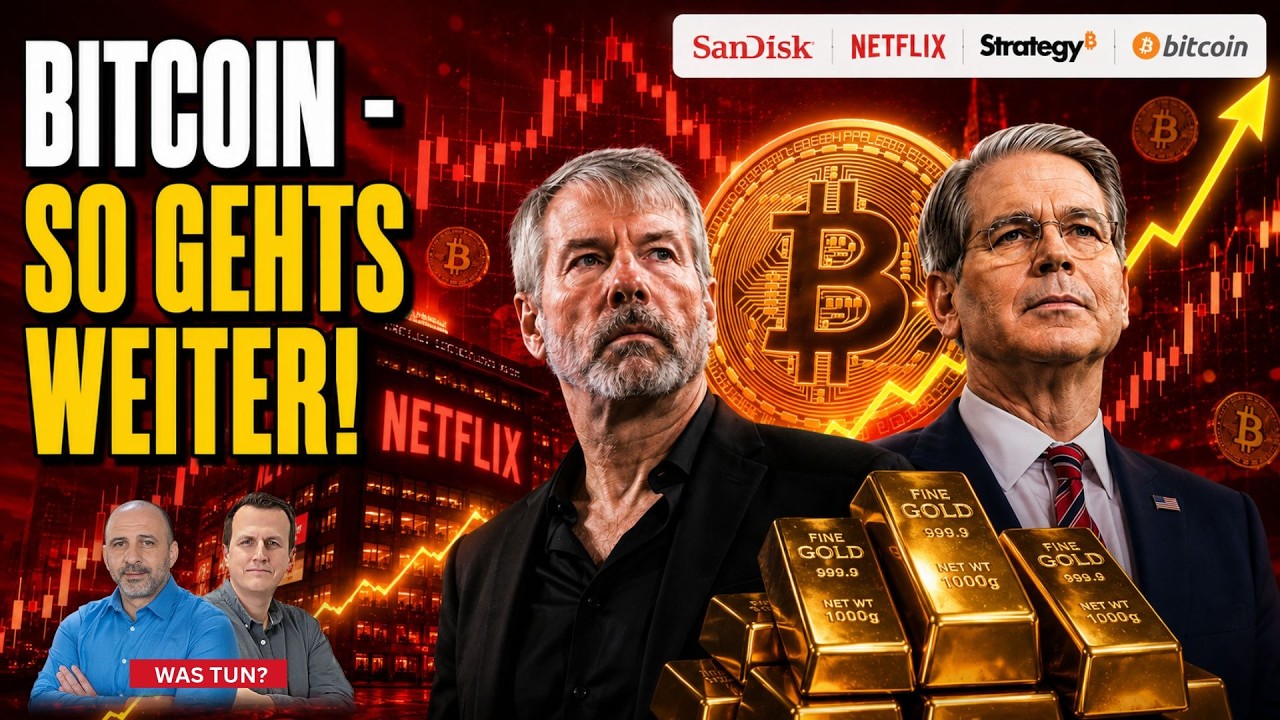 Bitcoin- und Goldbarren nebeneinander auf einem Börsenticker-Bildschirm – Symbol für die aktuelle Bitcoin Rally und den stei…