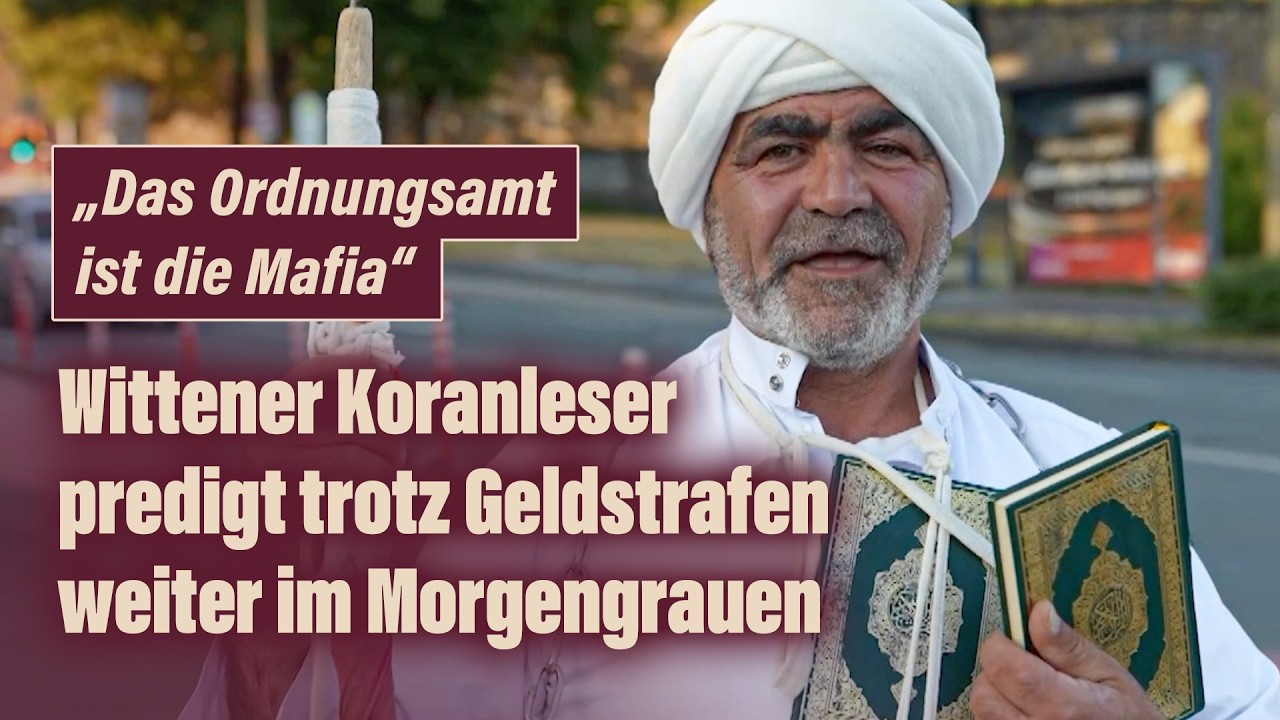 Koranleser Witten – Syrischer Koranleser Ganem mit Fahrrad und Koran auf einer Straße in Witten im Ruhrgebiet