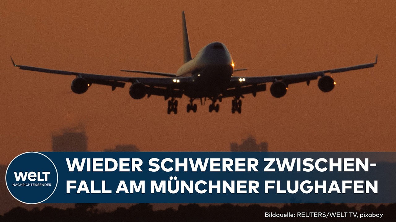 Lufthansa A380 Landebahn – Lufthansa A380 Jumbojet beim Landeanflug auf den Flughafen München mit Landebahnbefeuerung im Vor…