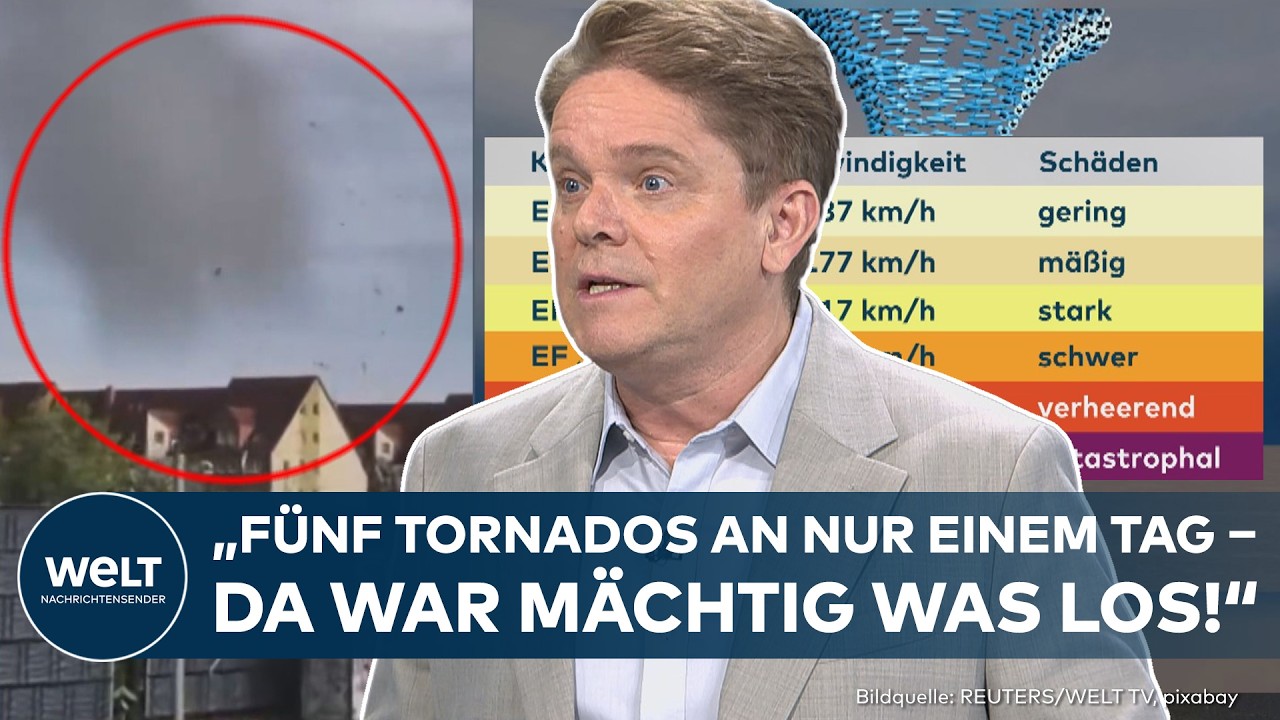 Tornado Fürstenwalde – Tornado-Rüssel über Fürstenwalde in Brandenburg mit sichtbaren Schäden an Häusern und umgerissenen Bä…