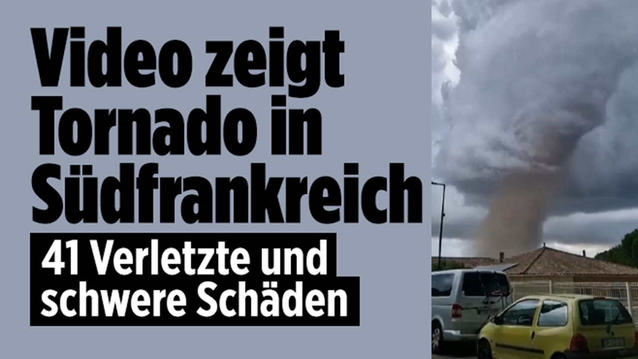 Tornado Südfrankreich – Dunkle Gewitterfront mit Tornado über Südfrankreich nahe dem Dorf Pomas, zerstörte Häuser im Vorderg…