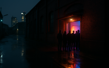 Clubeingang in einer Industriehalle bei Nacht, im Hintergrund Hochhäuser