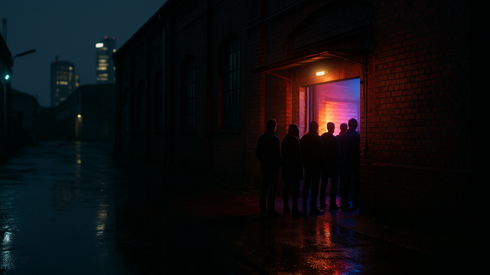 Clubeingang in einer Industriehalle bei Nacht, im Hintergrund Hochhäuser