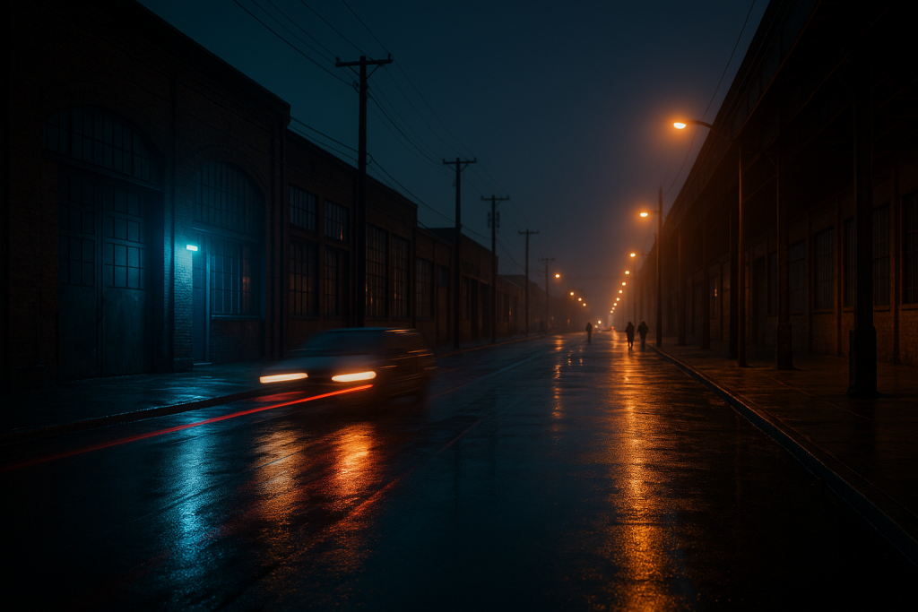 Nächtliche Ausfallstraße mit Industriehallen und Lichtreflexen auf nassem Asphalt