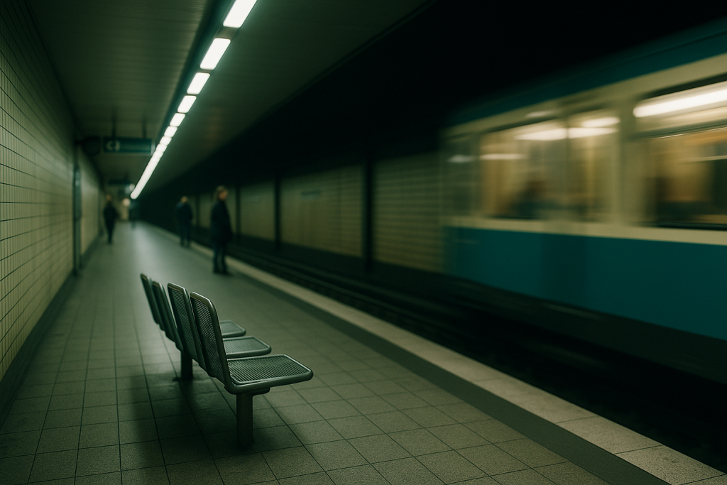 Leerer U-Bahn-Bahnsteig in der Nacht mit einfahrendem Zug