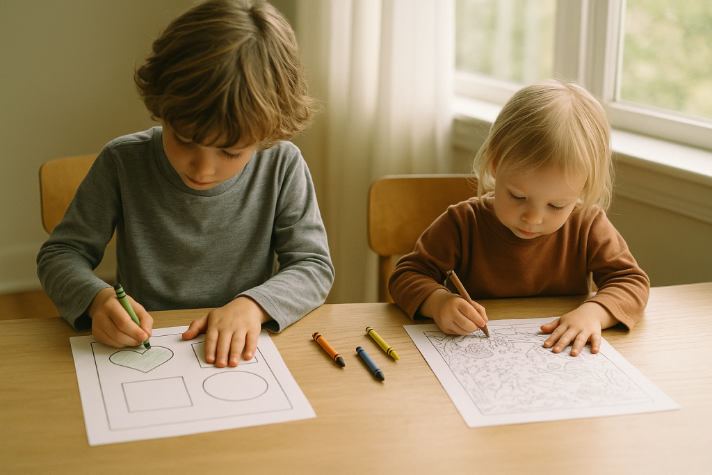 Zwei Kinder malen nebeneinander unterschiedlich detaillierte Vorlagen aus