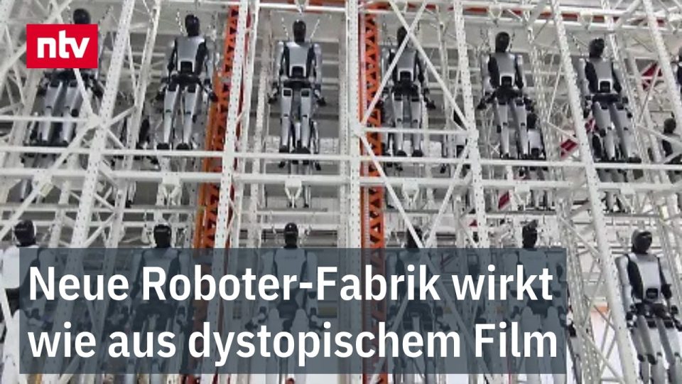 Reihe humanoider Roboter von Ubtech in einer chinesischen Fabrikhalle am Fließband