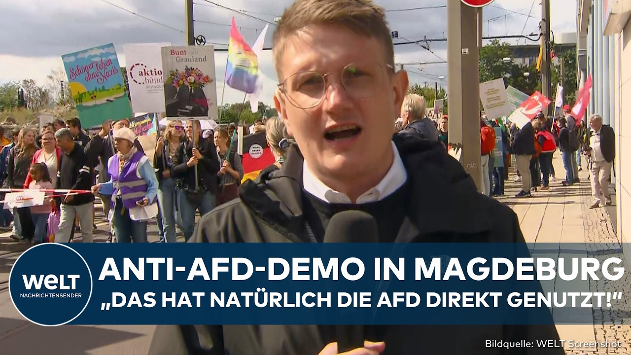 Demo gegen AfD Magdeburg – Demonstrantinnen und Demonstranten bei der Demo gegen AfD in Magdeburg mit Transparenten auf dem …