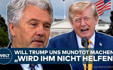 Donald Trump am Rednerpult im Weißen Haus, im Hintergrund Pressejournalisten – Symbolbild für Medien-Zensur Trump