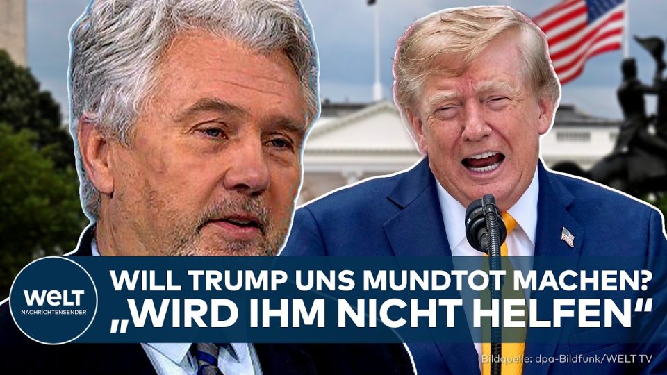 Donald Trump am Rednerpult im Weißen Haus, im Hintergrund Pressejournalisten – Symbolbild für Medien-Zensur Trump
