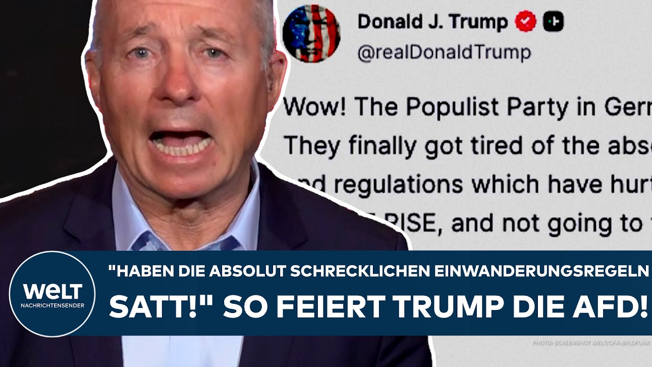 Donald Trump am Rednerpult neben AfD-Logo – Trump AfD Gratulation nach Wahlsieg in Sachsen-Anhalt