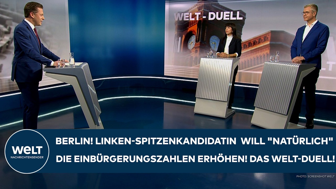 Elif Eralp (Linke) und Stefan Ewas (CDU) im TV-Duell zur Berlin-Wahl vor dem Roten Rathaus
