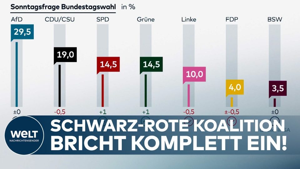 INSA-Umfrage AfD – Balkendiagramm der INSA-Umfrage zeigt AfD bei 29,5 Prozent vor CDU und SPD – Sonntagsfrage September 2025