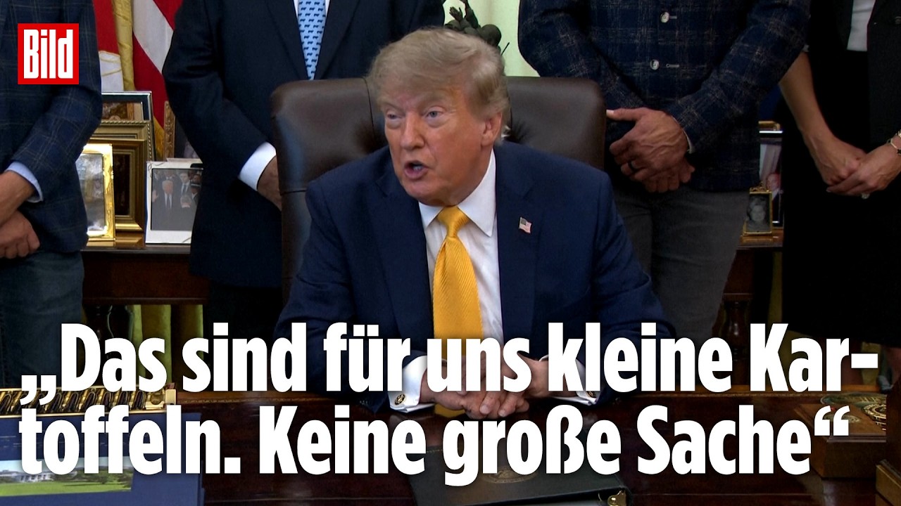 Kartoffel-Gate Trump – Donald Trump am Rednerpult im Weißen Haus – Kartoffel-Gate Vergleich zum Irankrieg sorgt für Empörung