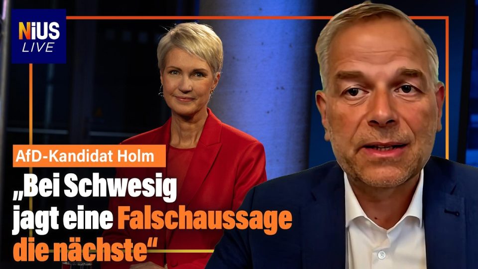AfD-Spitzenkandidat Erik Holm spricht zur Landtagswahl Mecklenburg-Vorpommern vor Mikrofonen