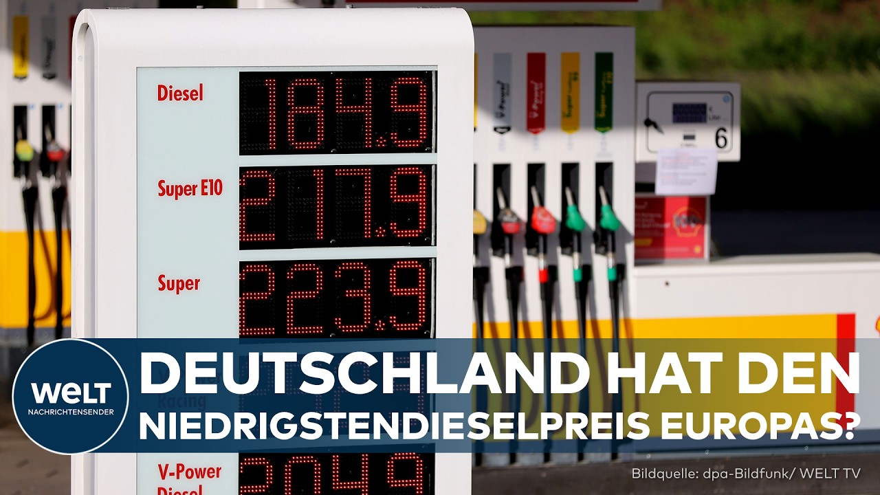Zapfsäule an einer deutschen Tankstelle mit angezeigtem Dieselpreis und Benzinpreis