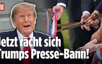 Pressestreit Trump – Donald Trump am Rednerpult vor Journalisten – Pressestreit mit dem Weißen Haus über Medienakkreditierung