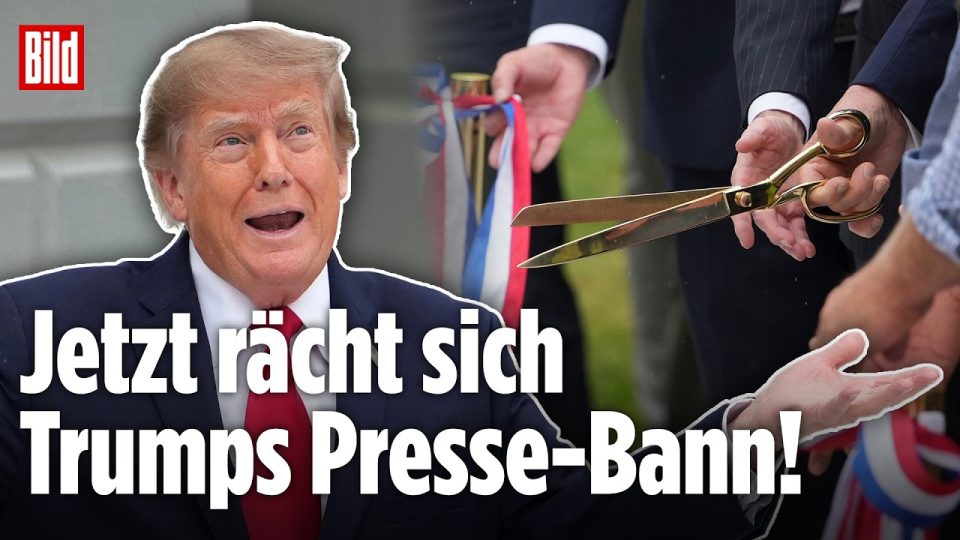Pressestreit Trump – Donald Trump am Rednerpult vor Journalisten – Pressestreit mit dem Weißen Haus über Medienakkreditierung