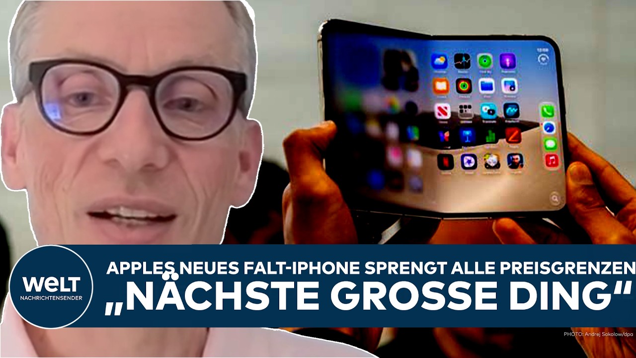 Aufgeklapptes iPhone Duo von Apple auf weißem Hintergrund – faltbares Smartphone im iPad-Mini-Format