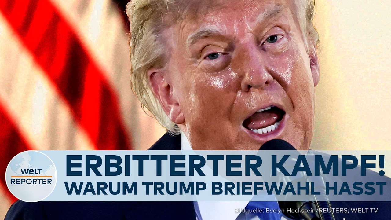 Briefwahl USA – Donald Trump am Rednerpult, im Hintergrund US-Flagge – Symbol für den Streit um die Briefwahl in den USA