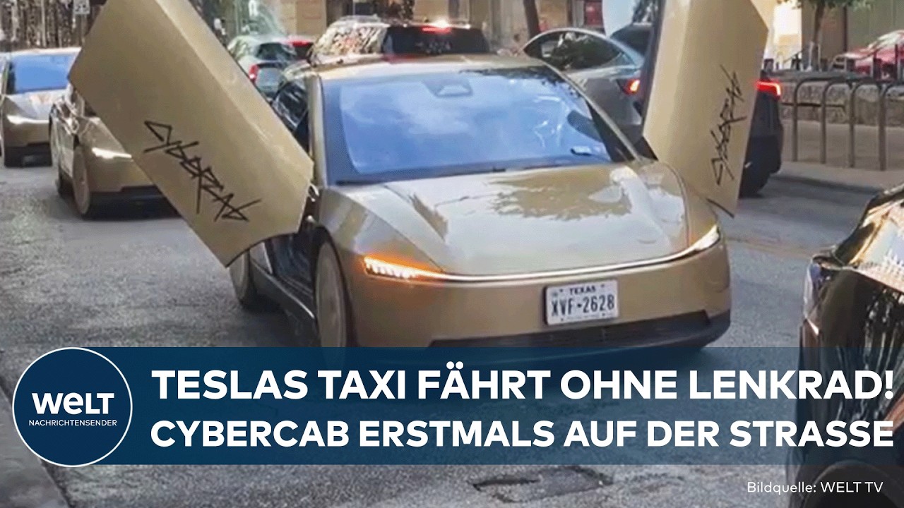 Tesla Cybercab ohne Lenkrad mit goldenen Flügeltüren fährt autonom durch die Straßen von Austin, Texas
