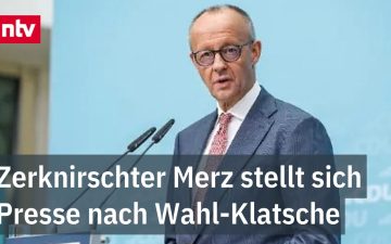 Friedrich Merz spricht nach dem schwachen CDU Wahlergebnis bei einer Pressekonferenz in Berlin
