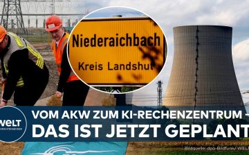 KI-Rechenzentrum AKW Isar – Luftaufnahme des stillgelegten Kernkraftwerks Isar in Niederaichbach, Standort des geplanten KI-…