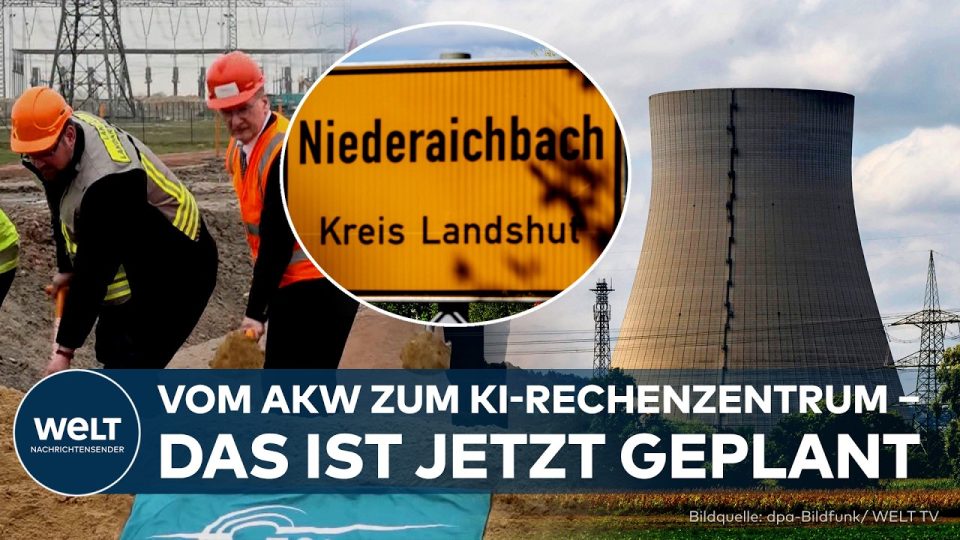 KI-Rechenzentrum AKW Isar – Luftaufnahme des stillgelegten Kernkraftwerks Isar in Niederaichbach, Standort des geplanten KI-…