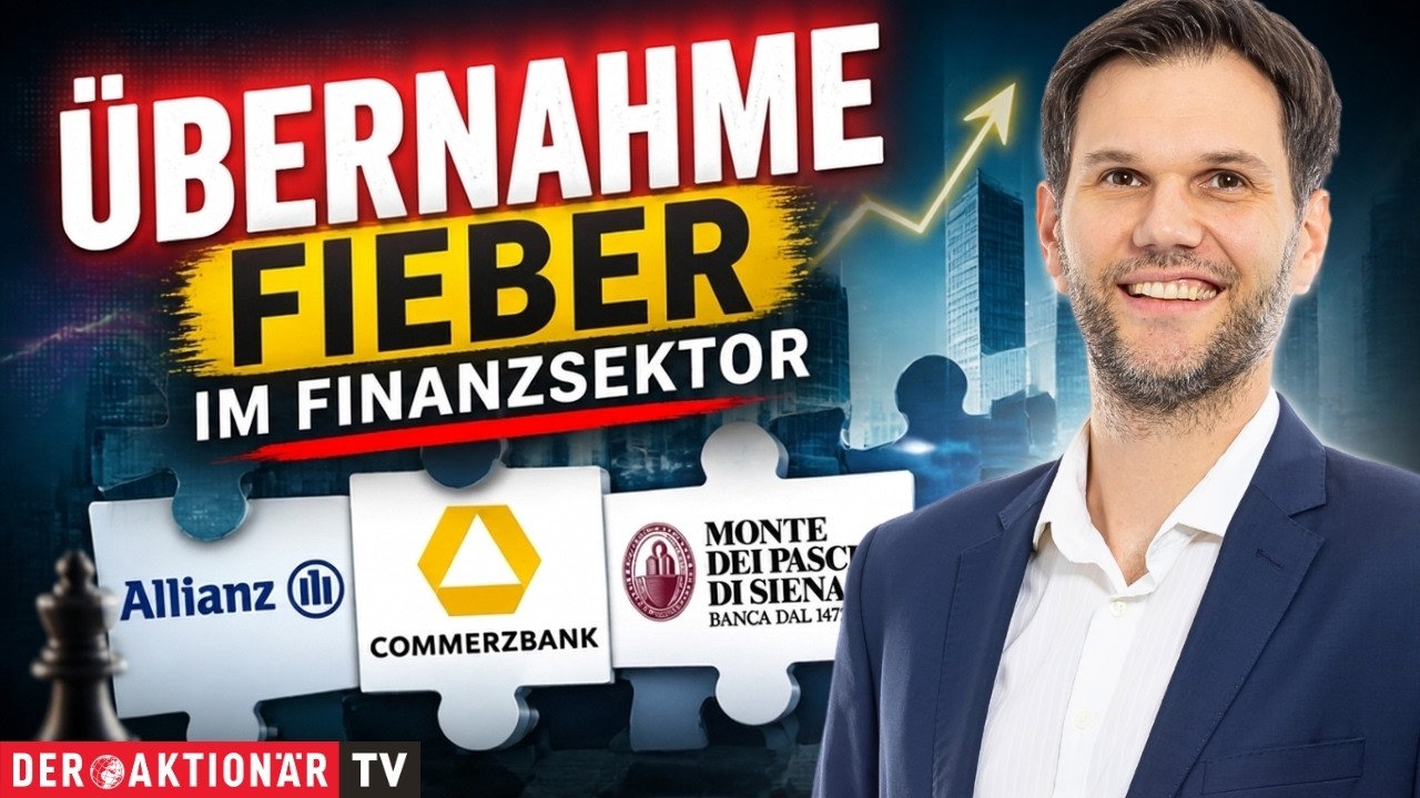 Übernahmefieber Bankensektor – Übernahmefieber im Bankensektor – Logos von Allianz, Commerzbank und Monte dei Paschi vor Bör…