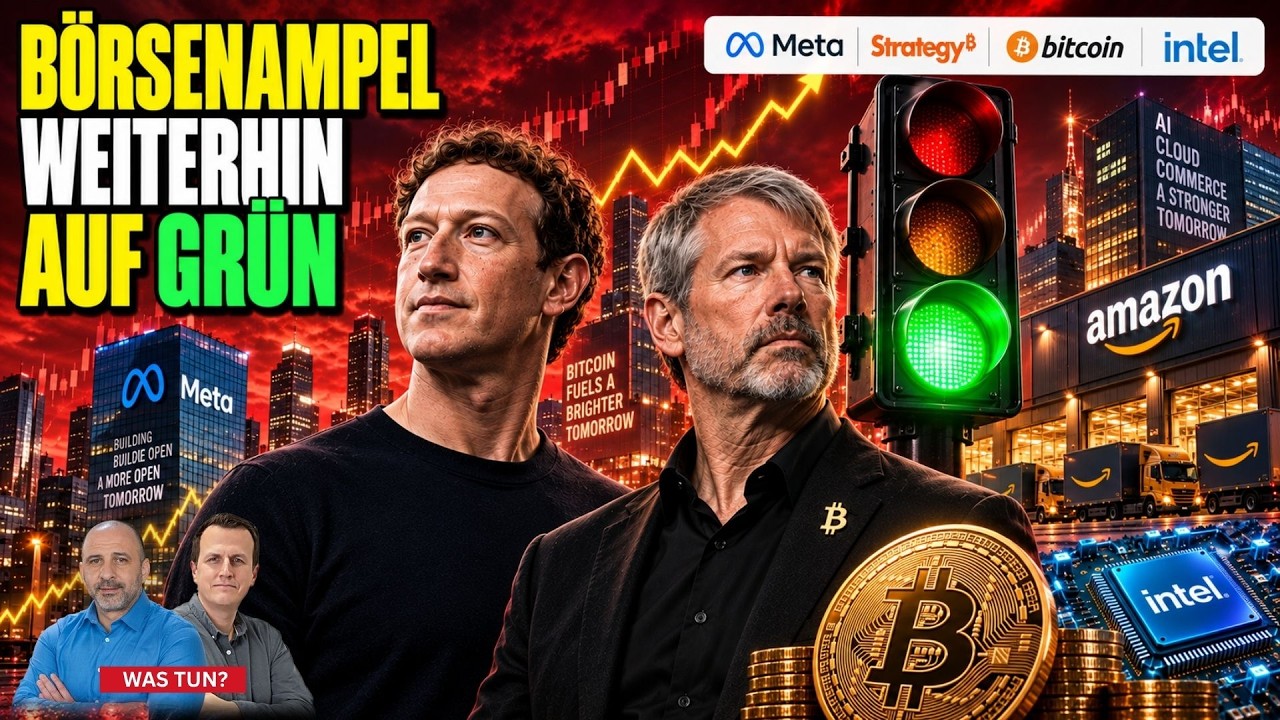 Marktcheck Aktien Bitcoin – Börsenkurse auf einem Monitor zeigen Marktcheck zu Brent, Intel, Amazon und Bitcoin im Überblick
