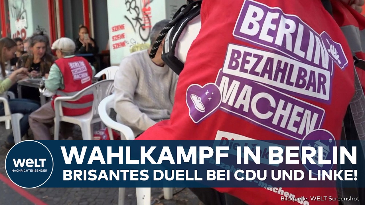 Wahlkampfkundgebung zur Berliner Abgeordnetenhauswahl mit CDU- und Linkspartei-Plakaten am Brandenburger Tor