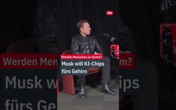 Illustration eines Neuralink Gehirn-Chips, der in ein menschliches Gehirn implantiert wird, mit KI-Vernetzung im Hintergrund