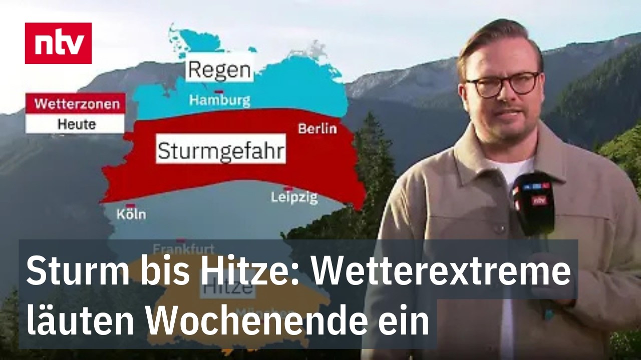 Dramatischer Himmel über Deutschland mit dunklen Gewitterwolken im Norden und Sonnenschein im Süden – Wetterlage Deutschland…