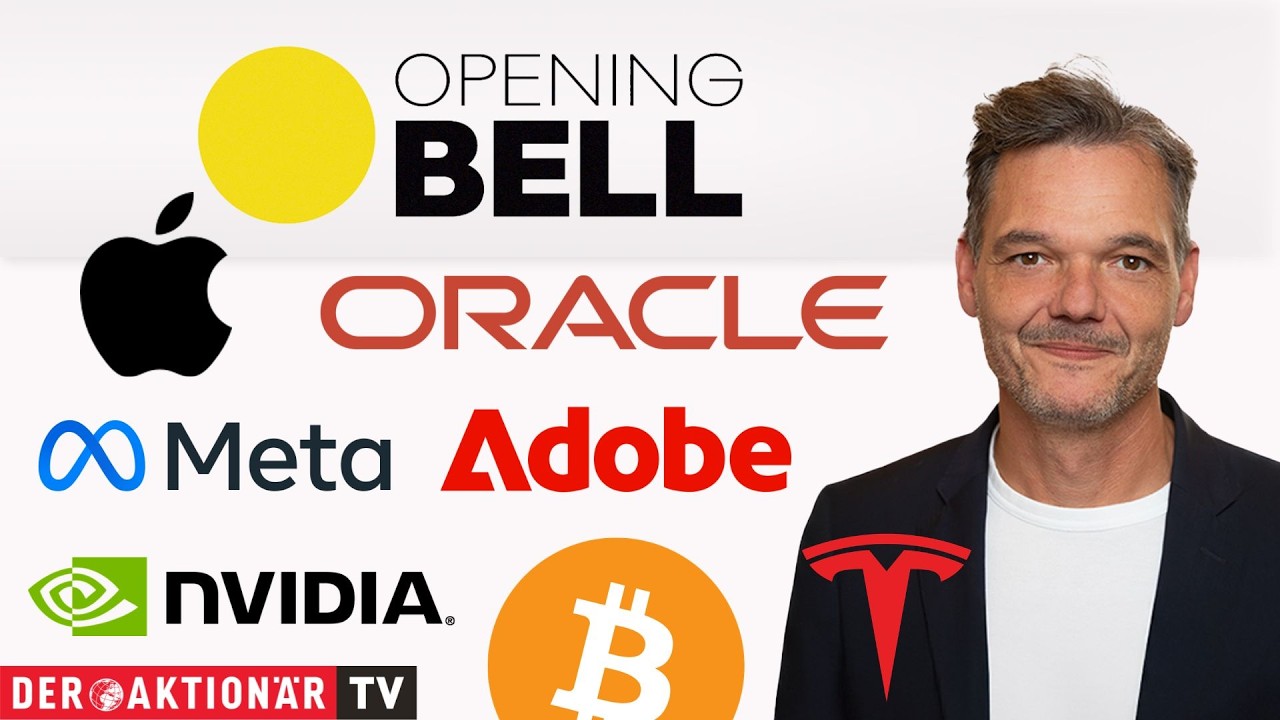 Börsenchart mit steigenden Renditen und Kursanzeigen für Märkte aktuell – Oracle, Nvidia, Bitcoin und Tesla im Fokus