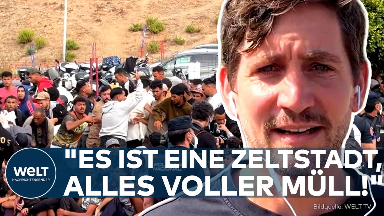 Migrationskrise Ceuta – Provisorisches Migrantenlager am Strand von Ceuta während der Migrationskrise, überfüllte Zelte und …