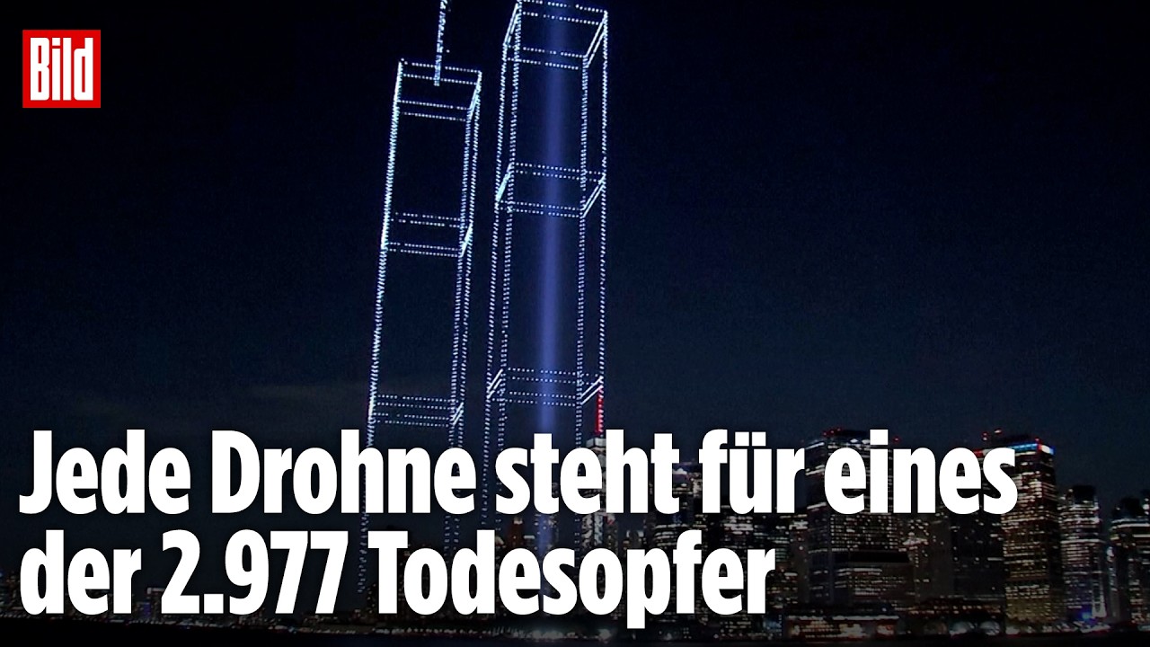 2977 Drohnen formen die Twin Towers im Nachthimmel über New York zum 9/11 Gedenken