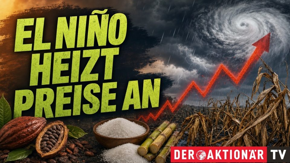 Kakao, Zuckerrohr und Gasflamme symbolisieren steigende Rohstoffpreise durch El Niño und Geopolitik