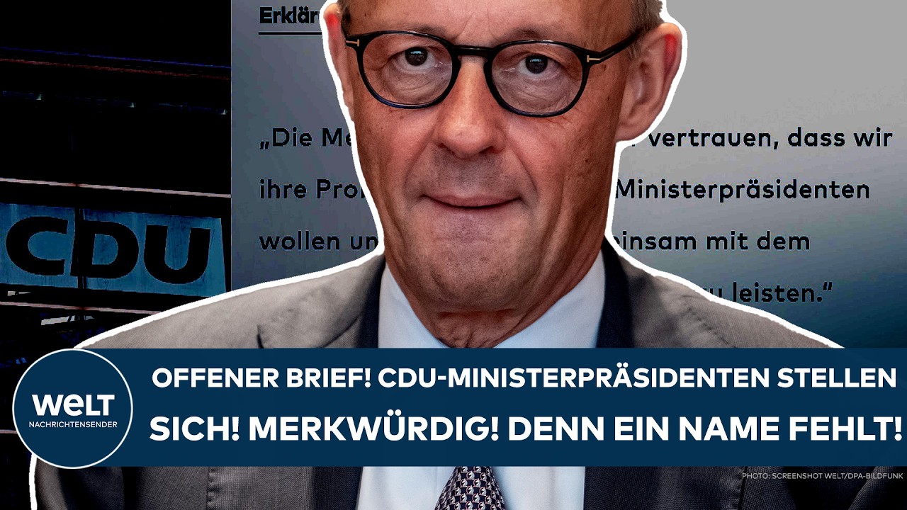 Friedrich Merz spricht auf einer CDU-Veranstaltung, im Hintergrund das CDU-Logo – CDU-Ministerpräsidenten stellen sich hinte…