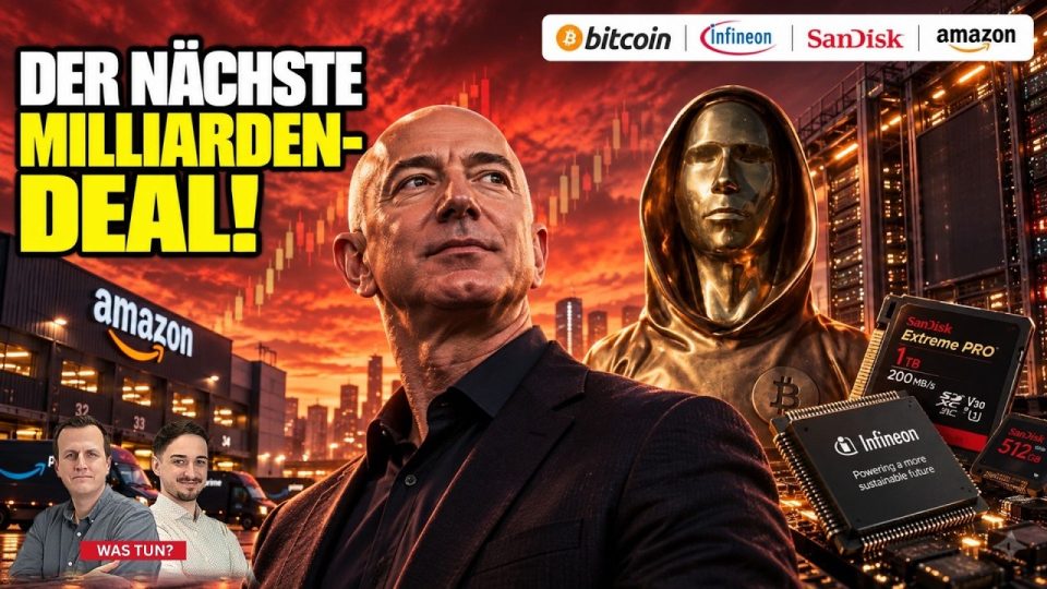 Digitale Börsentafel mit Nasdaq 100 Kursanzeige – SanDisk, Amazon und Bitcoin im Aufwärtstrend
