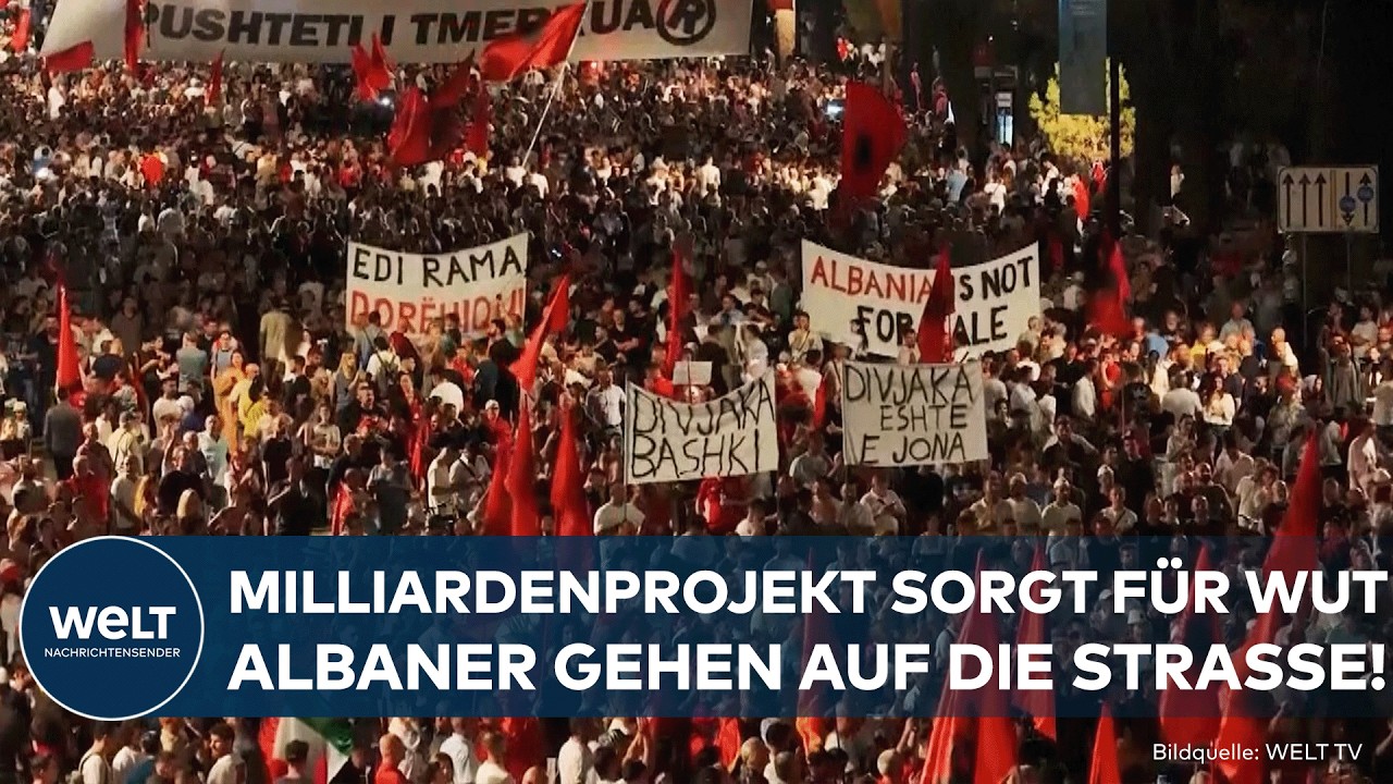 Albanien Protest – Zehntausende Menschen demonstrieren in Albanien gegen das Küsten-Investitionsprojekt im Zusammenhang mit …