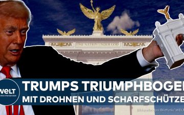 Triumphbogen Washington – Blick auf Washington DC mit geplantem Triumphbogen und militärischer Nutzung durch Drohnen und Sch…