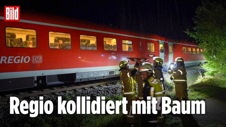 Regionalzug Kollision – Feuerwehrleute sichern Bahnstrecke nach Regionalzug-Kollision mit umgestürztem Baum in Bayern