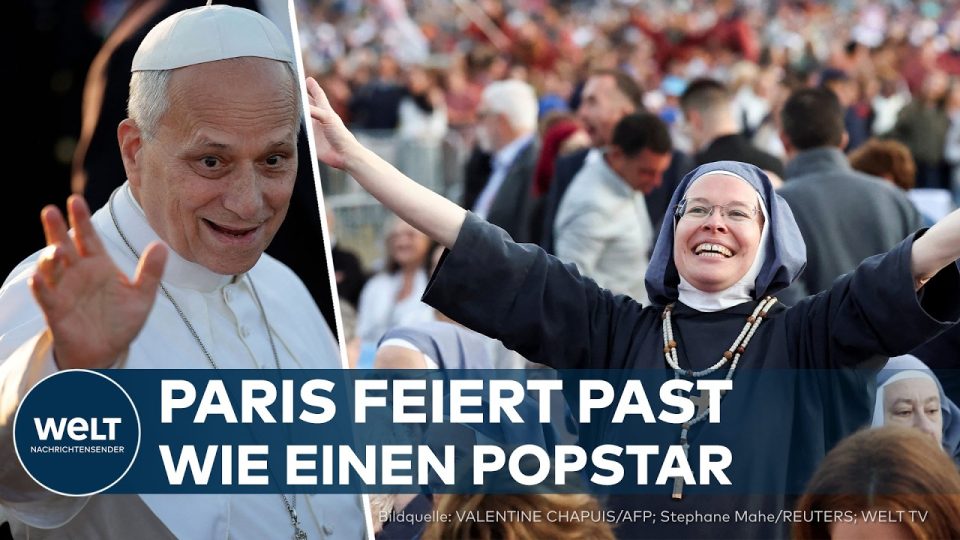 Papst Leo XIV. Paris – Papst Leo XIV. im Papamobil vor einer jubelnden Menschenmenge auf dem Place de la Concorde in Paris b…