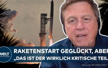 SpaceX Starship Orbitalflug – SpaceX Starship Rakete beim Orbitalflug-Start mit Rauchwolken an der Startrampe